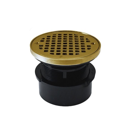 Jones Stephens 4in. ABS Hub Fit Drain Base with 3-1/2in. Plastic Spud and 5in. Polished Brass Strainer with Ring D53409